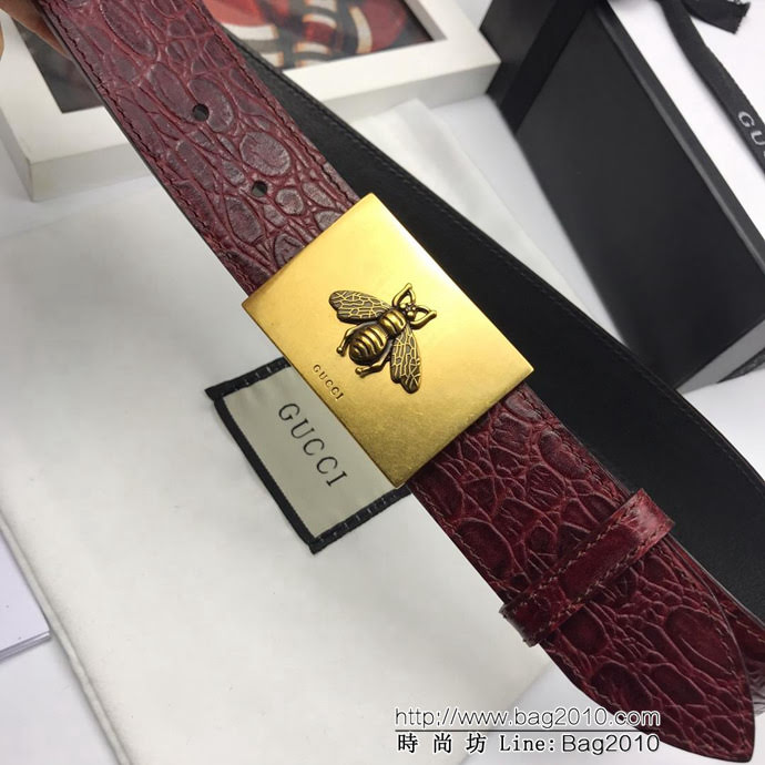 GUCCI古馳 官網新款 正品規格 原單品質 定制頭層自然鱷魚紋 復古老虎板扣 男士皮帶  xfp1356